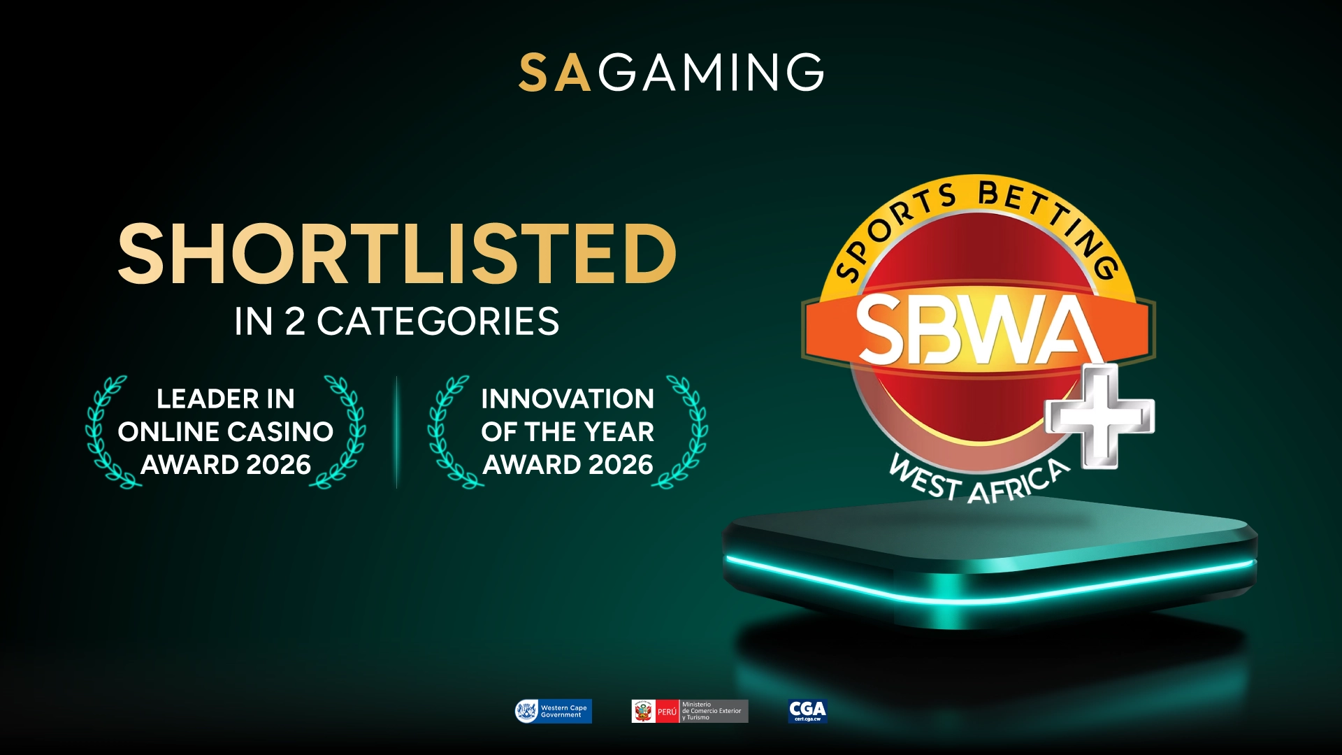 SA Gaming graphic showing SBWA+ 2026 shortlisting for Leader in Online Casino Award 2026 and Innovation of the Year Award 2026, with a glowing teal podium.